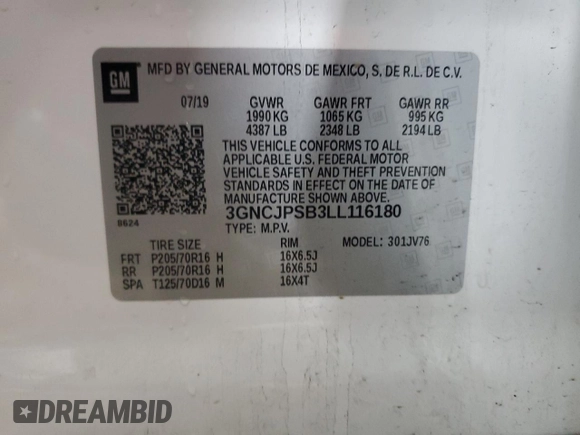 2020 Chevrolet Trax LT with VIN 3GNCJPSB3LL116180, listed as a Copart auction lot 57795485 with 52,576 mi miles and Salvage title. Bid and sale history available at DreamBid. Image 13.