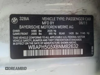 2011 BMW 3 Series 328i with VIN WBAPH5G5XBNM82632, listed as a Copart auction lot 46375495 with 85,507 mi miles and Salvage Title. Bid and sale history available at carsss.com. Image 15.