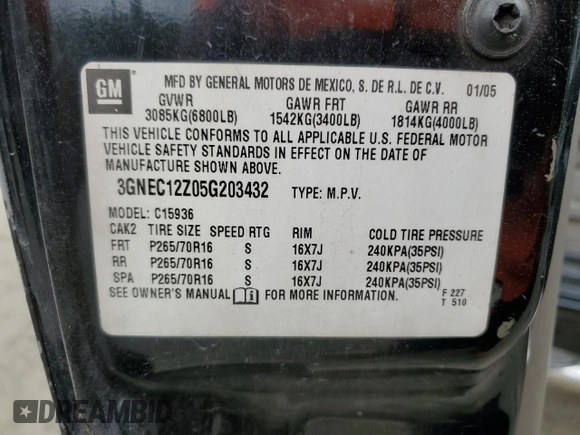 2005 Chevrolet Avalanche LS z VIN 3GNEC12Z05G203432, wystawiony jako Copart lot #49832705 z przebiegiem 235 449 mil mil oraz Szkoda całkowita • Salvage title. Historia ofert i sprzedaży dostępna na DreamBid. Obrazek 12.