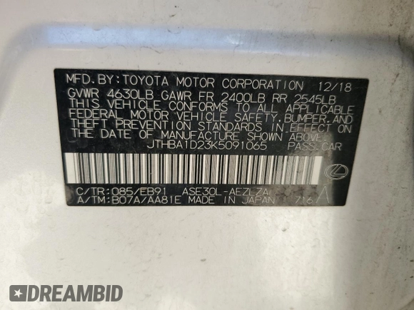 2019 Lexus IS 300 z VIN JTHBA1D23K5091065, wystawiony jako Copart lot #52715785 z przebiegiem 84 220 mil mil oraz Czysty tytuł • Clean title. Historia ofert i sprzedaży dostępna na DreamBid. Obrazek 12.