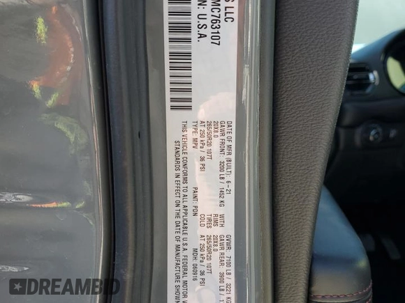 2021 Dodge Durango R/T with VIN 1C4SDJCTXMC763107, listed as a Copart auction lot 48401165 with 43,445 mi miles and Salvage title. Bid and sale history available at DreamBid. Image 13.