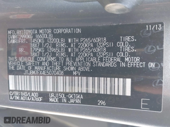 2014 Lexus GX 460 with VIN JTJBM7FX4E5070408, listed as a IAAI auction lot 41962300 with 161,080 mi miles and . Bid and sale history available at DreamBid. Image 9.