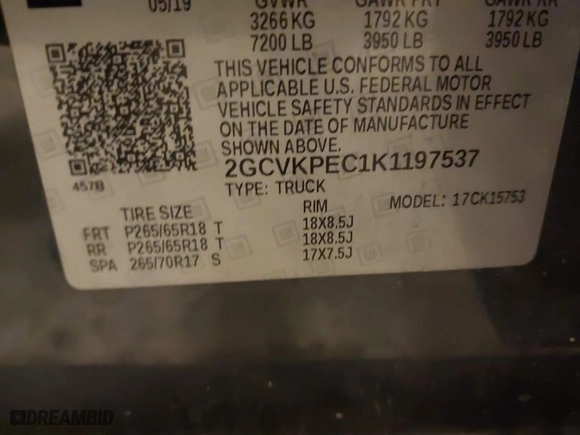 2019 Chevrolet Silverado 1500 LD LT with VIN 2GCVKPEC1K1197537, listed as a IAAI auction lot 41440250 with 58,379 mi miles. Bid and sale history available at carsss.com. Image 9.