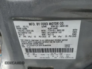 2015 Ford F-150 XL with VIN 1FTEW1CF3FFA48558, listed as a Copart auction lot 62067385 with 151,014 mi miles and Salvage title. Bid and sale history available at DreamBid. Image 12.