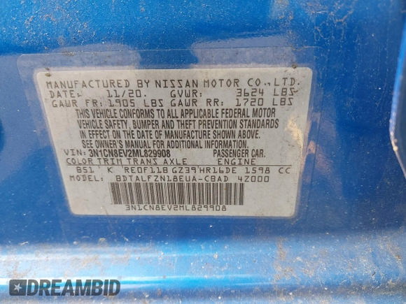 2021 Nissan Versa SV with VIN 3N1CN8EV2ML829908, listed as a IAAI auction lot 42416892 with 95,770 mi miles and . Bid and sale history available at DreamBid. Image 9.