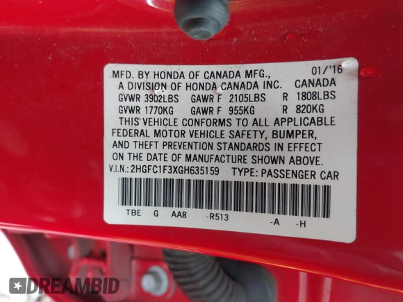2016 Honda Civic Sedan EX-T with VIN 2HGFC1F3XGH635159, listed as a IAAI auction lot 41584768 with 108,814 mi miles. Bid and sale history available at carsss.com. Image 9.
