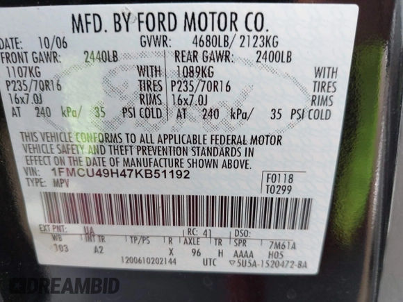 2007 Ford Escape Hybrid with VIN 1FMCU49H47KB51192, listed as a IAAI auction lot 42565799 with 217,199 mi miles and . Bid and sale history available at DreamBid. Image 9.