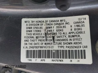 2015 Honda Civic EX-L with VIN 2HGFB2F96FH515127, listed as a IAAI auction lot 42164707 with 206,066 mi miles and . Bid and sale history available at carsss.com. Image 9.