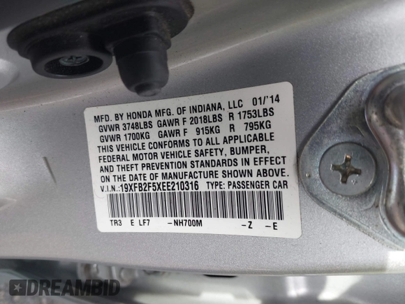 2014 Honda Civic Sedan LX with VIN 19XFB2F5XEE210316, listed as a IAAI auction lot 41662838 with 100,536 mi miles. Bid and sale history available at carsss.com. Image 9.