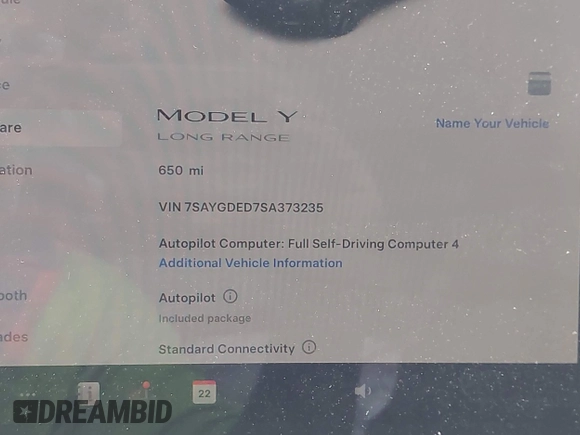 2025 Tesla Model Y Long Range with VIN 7SAYGDED7SA373235, listed as a IAAI auction lot 42100950 with 650 mi miles and . Bid and sale history available at DreamBid. Image 7.