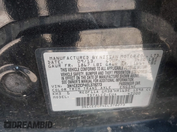 2014 Nissan Note S Plus with VIN 3N1CE2CP4EL378273, listed as a IAAI auction lot 42451012 with 104,839 mi miles and . Bid and sale history available at DreamBid. Image 9.