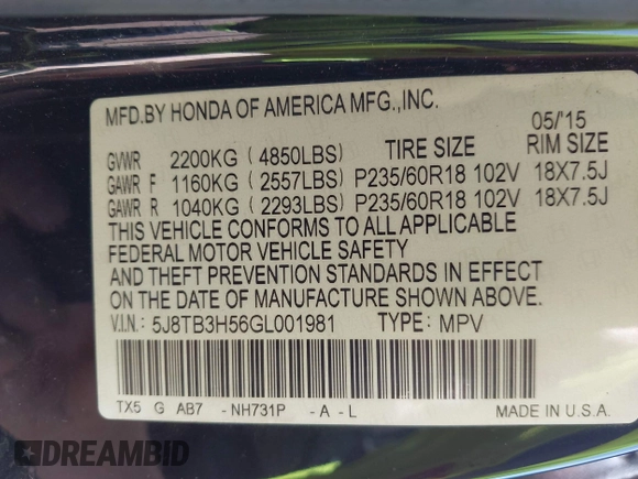 2016 Acura RDX Technology with VIN 5J8TB3H56GL001981, listed as a IAAI auction lot 42502102 with 175,017 mi miles and . Bid and sale history available at DreamBid. Image 9.