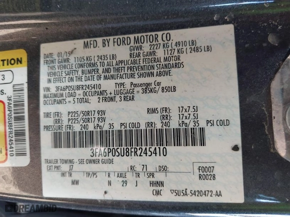 2015 Ford Fusion Energi Titanium with VIN 3FA6P0SU8FR245410, listed as a IAAI auction lot 41654373 with 1 mi miles. Bid and sale history available at carsss.com. Image 9.