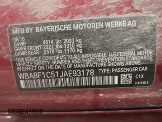 2018 BMW 3 Series with VIN WBA8F1C51JAE93178, listed as a IAAI auction lot 42530444 with 168,657 mi miles and . Bid and sale history available at DreamBid. Image 9.
