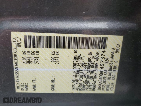 2017 Nissan Maxima S with VIN 1N4AA6AP0HC457374, listed as a Copart auction lot 43526645 with 114,752 mi miles and Salvage Title. Bid and sale history available at DreamBid. Image 13.