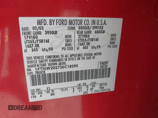 2003 Ford F-250 XL с VIN 1FTNW20S73EC18395, выставлен на аукционе IAAI как лот 42343481 с пробегом 151 832 миль миль и . История ставок и продаж доступна на DreamBid. Изображение 9.