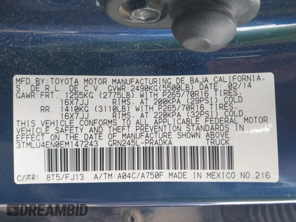 2014 Toyota Tacoma with VIN 3TMLU4EN0EM147243, listed as a IAAI auction lot 41684902 with 308,167 mi miles. Bid and sale history available at carsss.com. Image 9.