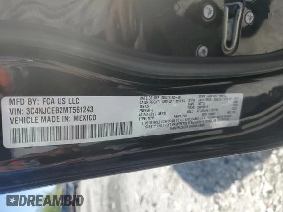 2021 Jeep Compass 80th Anniversary with VIN 3C4NJCEB2MT561243, listed as a Copart auction lot 56518395 with 65,232 mi miles and Salvage title. Bid and sale history available at DreamBid. Image 12.