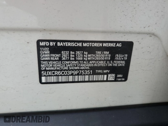 2023 BMW X5 xDrive40i with VIN 5UXCR6C03P9P75351, listed as a Copart auction lot 61465655 with 24,883 mi miles and Salvage title. Bid and sale history available at DreamBid. Image 13.