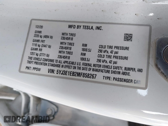 2021 Tesla Model 3 Long Range with VIN 5YJ3E1EB2MF858267, listed as a IAAI auction lot 41782360 with 79,671 mi miles and . Bid and sale history available at DreamBid. Image 9.