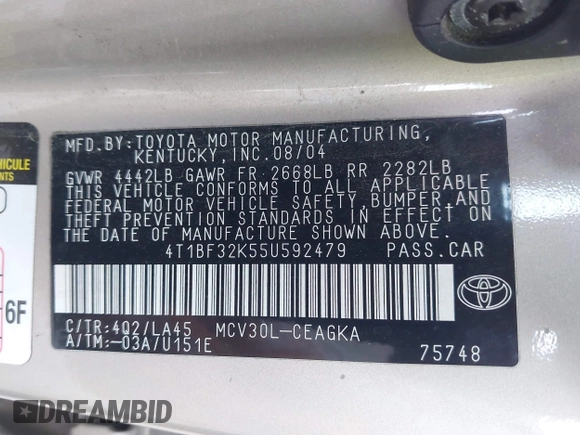 2005 Toyota Camry LE with VIN 4T1BF32K55U592479, listed as a IAAI auction lot 41974250 with 184,767 mi miles and . Bid and sale history available at DreamBid. Image 9.