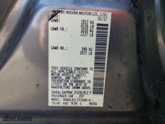 2017 Nissan Altima 2.5 SL with VIN 1N4AL3AP9HC206927, listed as a Copart auction lot 46525705 with 145,692 mi miles and Salvage Title. Bid and sale history available at carsss.com. Image 12.