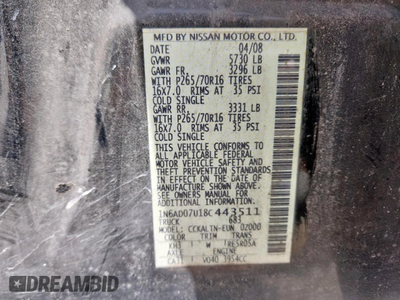 2008 Nissan Frontier SE with VIN 1N6AD07U18C443511, listed as a Copart auction lot 64091425 with 145,649 mi miles and Salvage title. Bid and sale history available at DreamBid. Image 12.