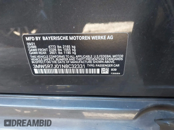 2022 BMW 3 Series 330i xDrive with VIN 3MW5R7J01N8C32331, listed as a IAAI auction lot 40766569 with 27,105 mi miles. Bid and sale history available at carsss.com. Image 9.