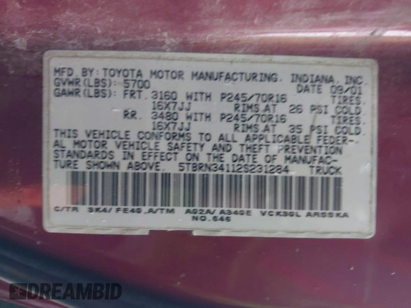 2002 Toyota Tundra SR5 with VIN 5TBRN34112S231284, listed as a IAAI auction lot 41886121 with 364,985 mi miles and . Bid and sale history available at DreamBid. Image 9.