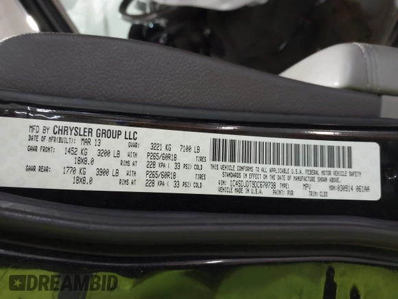 2013 Dodge Durango Crew with VIN 1C4SDJDT9DC670738, listed as a IAAI auction lot 41329419 with 149,520 mi miles and . Bid and sale history available at DreamBid. Image 9.