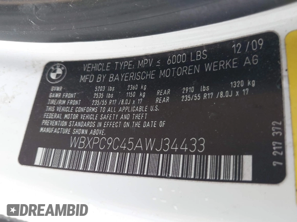 2010 BMW X3 xDrive30i with VIN WBXPC9C45AWJ34433, listed as a IAAI auction lot 41988504 with 1 mi miles. Bid and sale history available at carsss.com. Image 9.