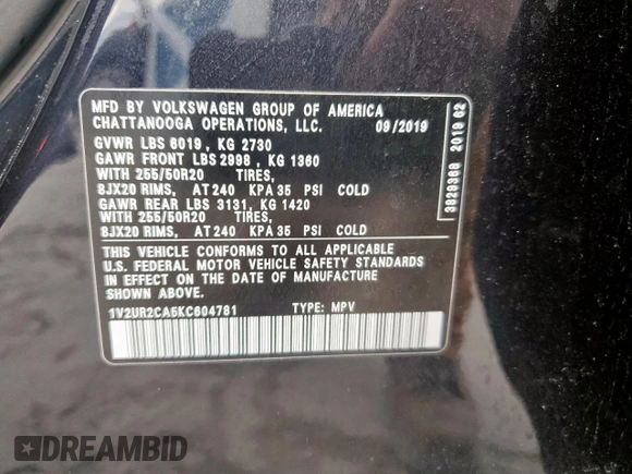 2019 Volkswagen Atlas SE with VIN 1V2UR2CA5KC604781, listed as a Copart auction lot 52719095 with 166,146 mi miles and Salvage title. Bid and sale history available at DreamBid. Image 13.
