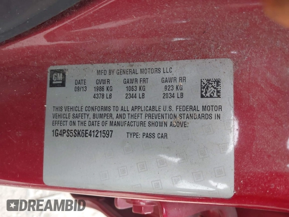 2014 Buick Verano Leather Group with VIN 1G4PS5SK6E4121597, listed as a IAAI auction lot 41904850 with 116,905 mi miles. Bid and sale history available at carsss.com. Image 9.