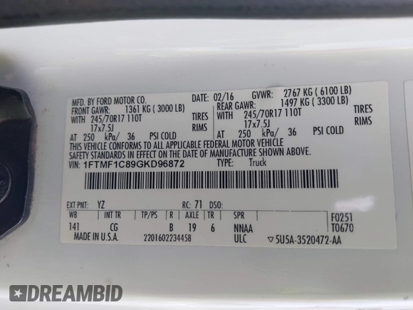 2016 Ford F-150 XL with VIN 1FTMF1C89GKD96872, listed as a IAAI auction lot 41952031 with 232,392 mi miles. Bid and sale history available at carsss.com. Image 9.