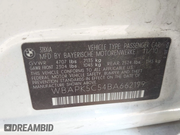 2011 BMW 3 Series 328i xDrive with VIN WBAPK5C54BA662199, listed as a IAAI auction lot 42651146 with 190,396 mi miles and . Bid and sale history available at DreamBid. Image 9.