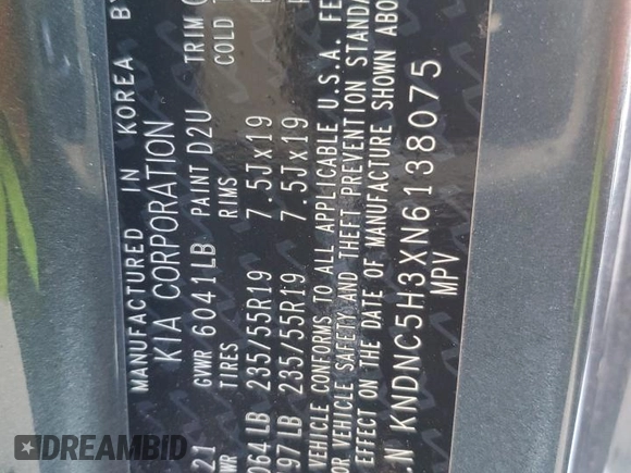 2022 Kia Carnival EX with VIN KNDNC5H3XN6138075, listed as a Copart auction lot 38982654 with 0 mi miles and Salvage Title. Bid and sale history available at carsss.com. Image 14.