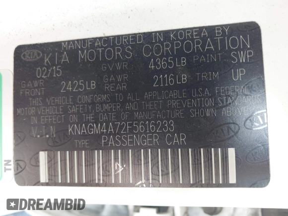 2015 Kia Optima LX with VIN KNAGM4A72F5616233, listed as a IAAI auction lot 41824232 with 163,006 mi miles. Bid and sale history available at carsss.com. Image 9.
