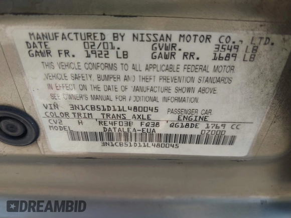 2001 Nissan Sentra GXE z VIN 3N1CB51D11L480045, wystawiony jako IAAI lot #42300710 z przebiegiem 136 538 mil mil oraz . Historia ofert i sprzedaży dostępna na DreamBid. Obrazek 9.