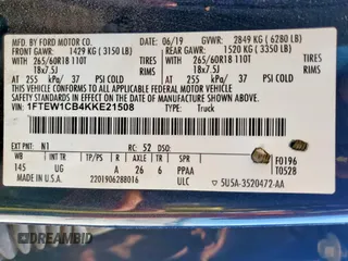 2019 Ford F-150 XL with VIN 1FTEW1CB4KKE21508, listed as a Copart auction lot 59112255 with 131,370 mi miles and Salvage title. Bid and sale history available at DreamBid. Image 12.