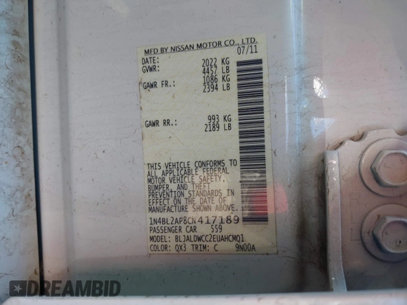 2012 Nissan Altima SR with VIN 1N4BL2AP8CN417189, listed as a IAAI auction lot 41474497 with 120,647 mi miles and . Bid and sale history available at DreamBid. Image 9.