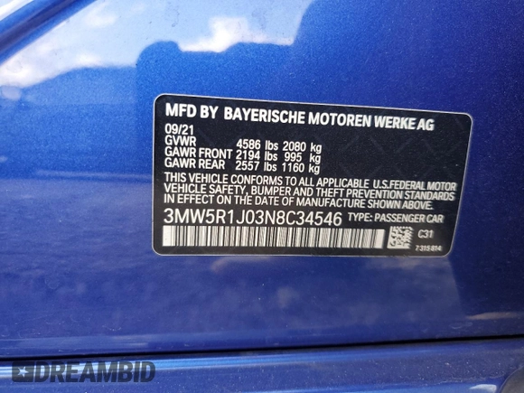 2022 BMW 3 Series 330i with VIN 3MW5R1J03N8C34546, listed as a Copart auction lot 47879495 with 44,025 mi miles and Salvage Title. Bid and sale history available at carsss.com. Image 14.