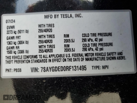 2024 Tesla Model Y with VIN 7SAYGDED0RF131495, listed as a Copart auction lot 56849765 with 10,120 mi miles and Salvage title. Bid and sale history available at DreamBid. Image 13.