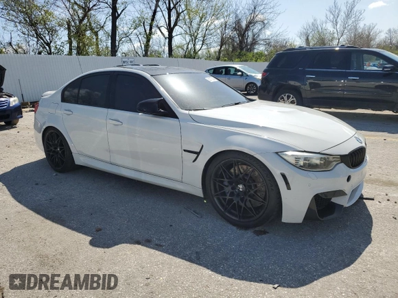 2015 BMW M3 with VIN WBS3C9C5XFP803228, listed as a Copart auction lot 52173245 with 105,597 mi miles and Salvage title. Bid and sale history available at DreamBid. Image 4.