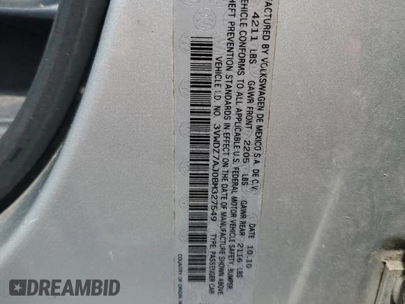 2011 Volkswagen Jetta SE с VIN 3VWDZ7AJ0BM327549, выставлен на аукционе Copart как лот 58147125 с пробегом 295 508 миль миль и Списание • Salvage title. История ставок и продаж доступна на DreamBid. Изображение 12.