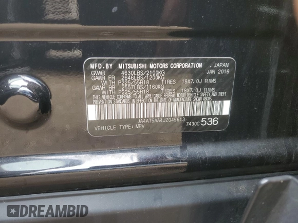 2018 Mitsubishi Eclipse Cross SE with VIN JA4AT5AA4JZ045613, listed as a Copart auction lot 53724535 with 106,306 mi miles and Salvage title. Bid and sale history available at DreamBid. Image 13.