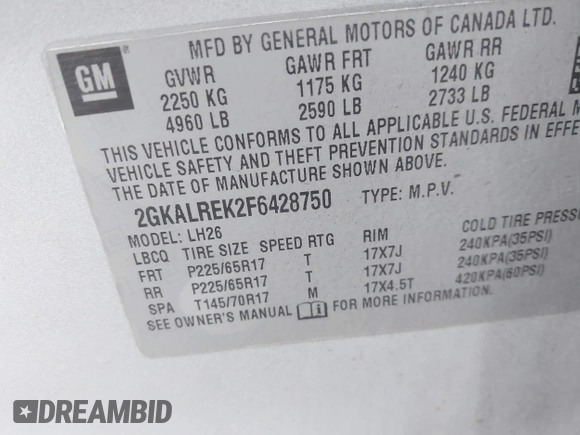 2015 GMC Terrain SLE with VIN 2GKALREK2F6428750, listed as a IAAI auction lot 41301530 with 194,306 mi miles and . Bid and sale history available at carsss.com. Image 9.