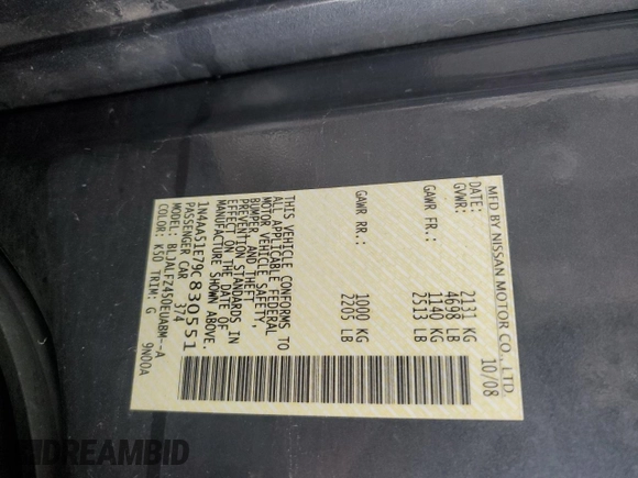 2009 Nissan Maxima SV with VIN 1N4AA51E79C830551, listed as a Copart auction lot 86304844 with 184,949 mi miles and Salvage Title. Bid and sale history available at DreamBid. Image 12.