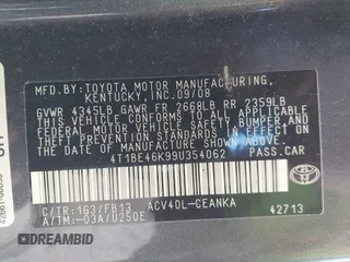 2009 Toyota Camry with VIN 4T1BE46K99U354062, listed as a IAAI auction lot 42007777 with 178,152 mi miles. Bid and sale history available at carsss.com. Image 9.