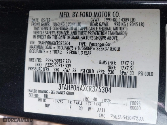 2012 Ford Fusion SE with VIN 3FAHP0HAXCR375304, listed as a IAAI auction lot 41923537 with 253,118 mi miles. Bid and sale history available at carsss.com. Image 9.