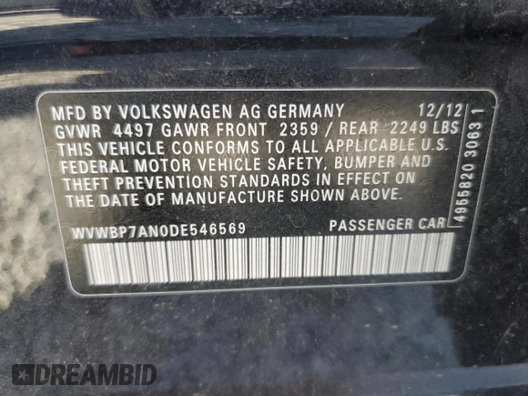2013 Volkswagen CC Sport with VIN WVWBP7AN0DE546569, listed as a Copart auction lot 66807454 with 146,275 mi miles and Salvage Title. Bid and sale history available at DreamBid. Image 14.